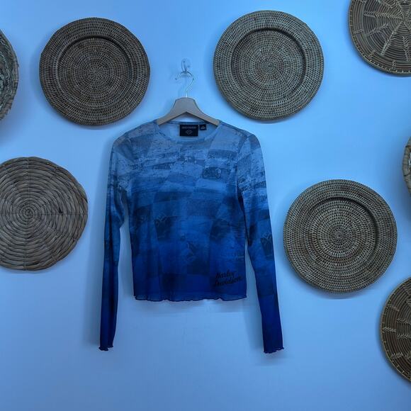 Harley-Davidson Blue Sheer Mesh Crop Long Sleeve Shirt XS Biker Bikercore Y2K - Picture 2 of 6